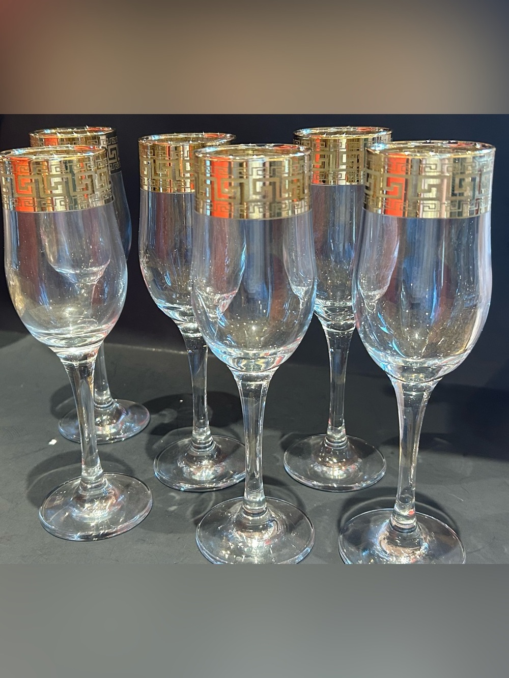 6 Gold Rimmed Greek Key Champagne Flutes Glasses